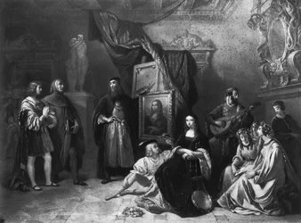 Leonardo da Vinci (1452-1519) malt die Gioconda, graviert von Lemoine, 1845